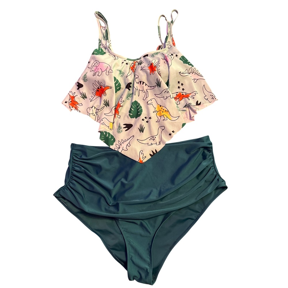 Rosegal Dinosaur Ruffle Tankini Teal Skirted 2 Piece Swimsuit Plus Size 3XL